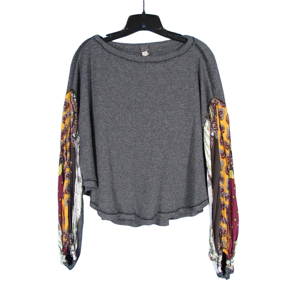 WE THE FREE People Gray Blossom Thermal PATCHWORK SLEEVES Blouse/Top Sz XS